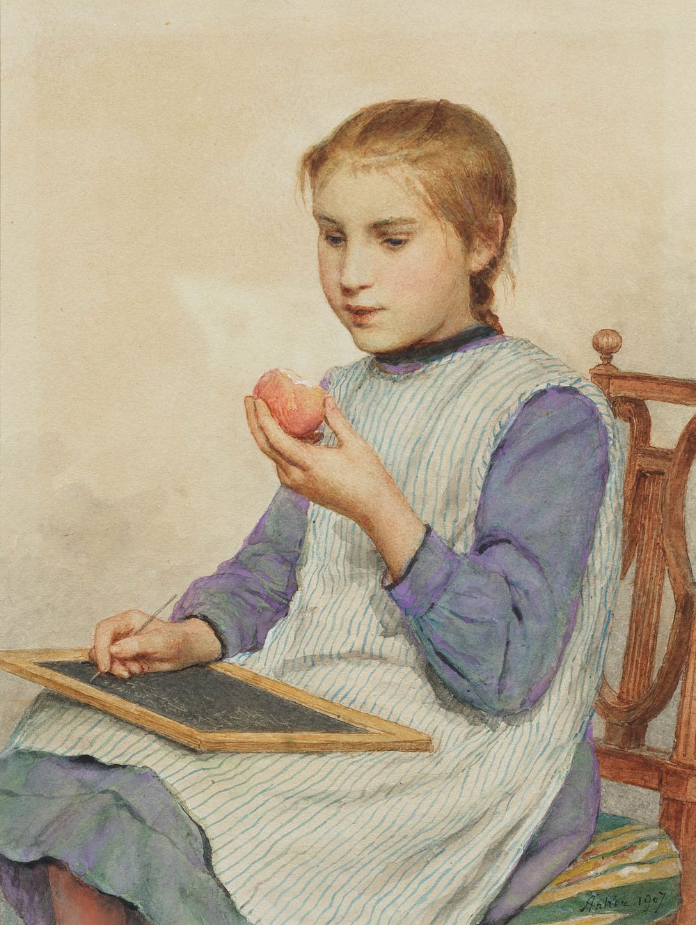 Albert Anker 1831–1910 
Girl Writing with an Apple, 1907 
Watercolor on paper 
Signed and dated 