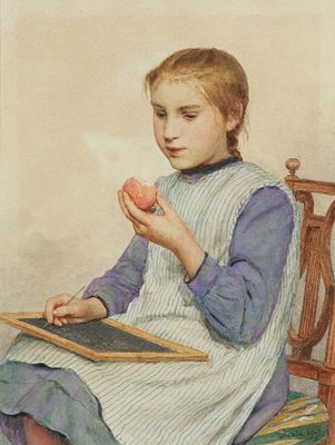 Albert Anker 1831–1910 Girl Writing with an Apple, 1907 Watercolor on paper Signed and dated 