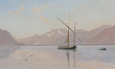 Fran&ccedil;ois Bocion 1828–1890 The lake with a large boat Oil on canvas inscribed on the reverse 