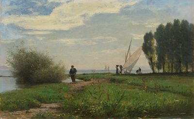 Fran&ccedil;ois Bocion 1828–1890 Vidy, embouchure de la Chamberonne, 1875 Oil on wood signed and dated 