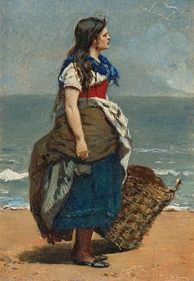 Frank Buchser 1828–1890 Fisher girl on the beach Oil on wood signed F Buchser lower right 23.8 