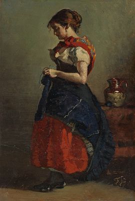 Frank Buchser 1828–1890 Knitting Girl Oil on canvas monogrammed F.B. lower right 20 x 15 cm