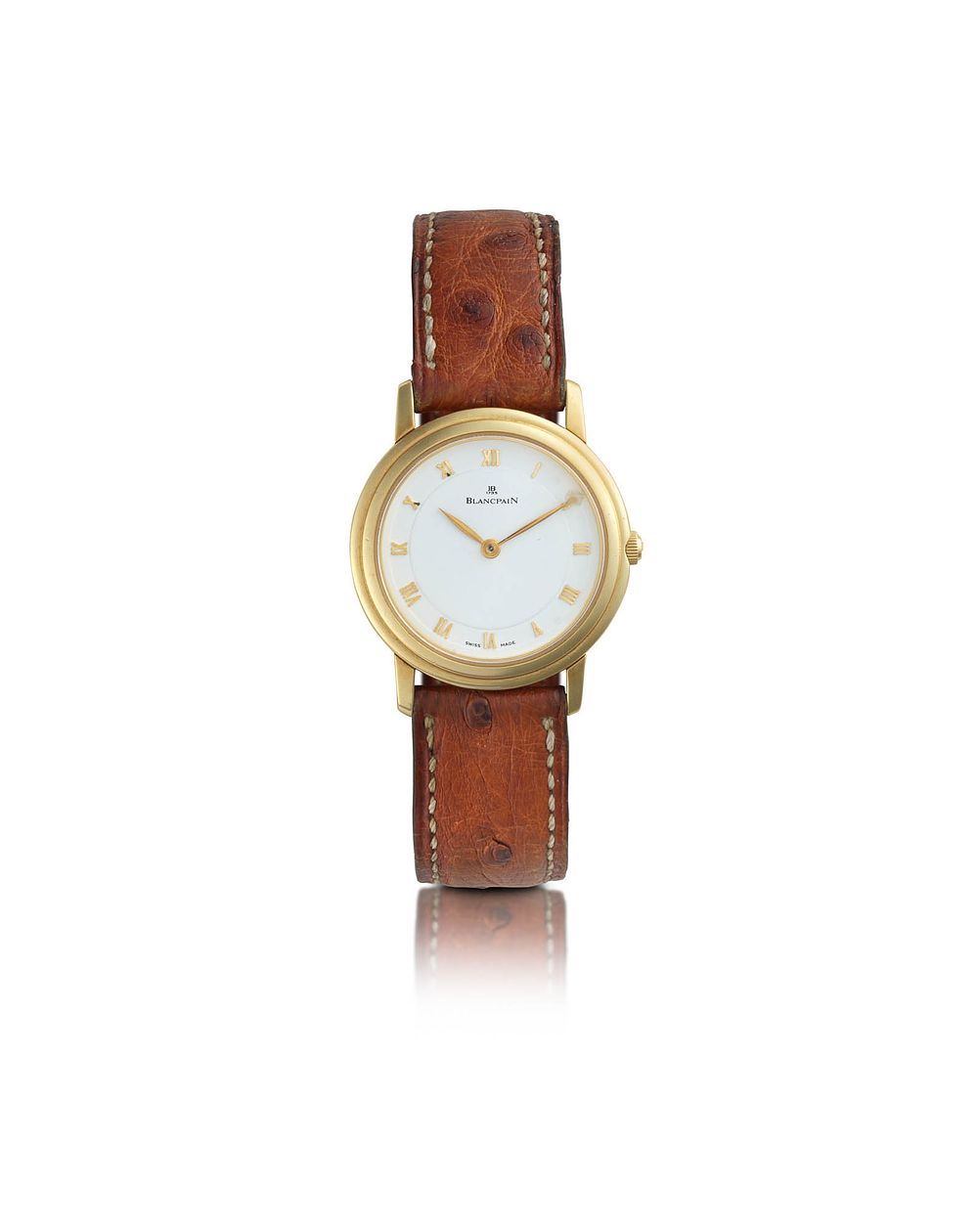 Blancpain 
No. 128, circa 1996 
A 18k yellow gold manual winding ladies wristwatch 
Case: round 