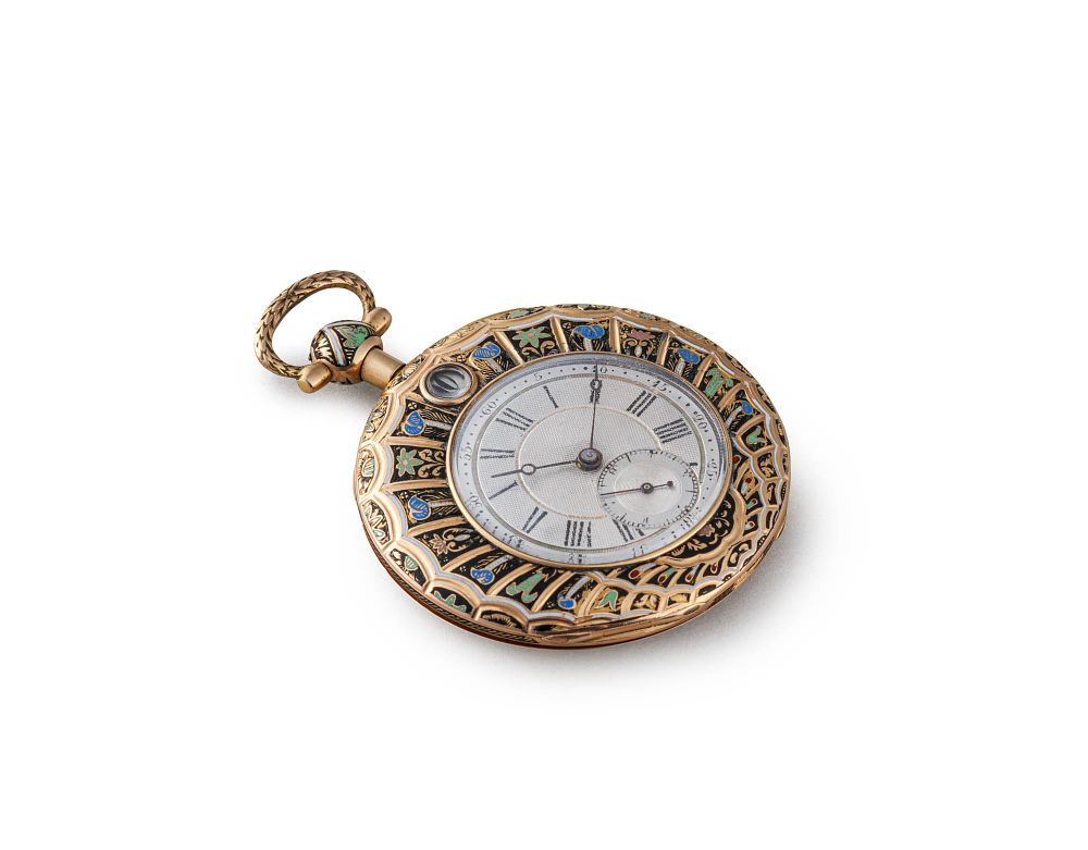 Swiss 
No. 253, circa 1820 
A gold and enamel key winding quarter repeating pocket watch 
Case: 