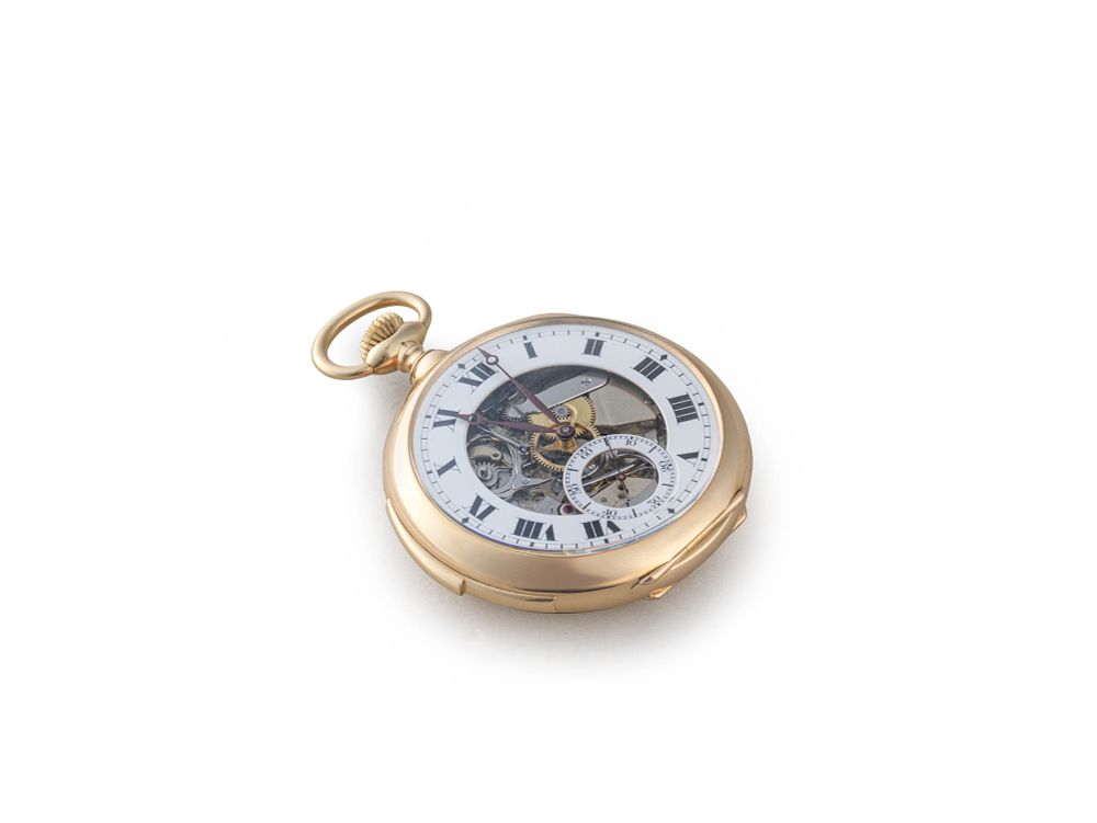 Swiss 
No. 4342, circa 1910 
A 18k yellow gold skeletonized minute repeating open face keyless 