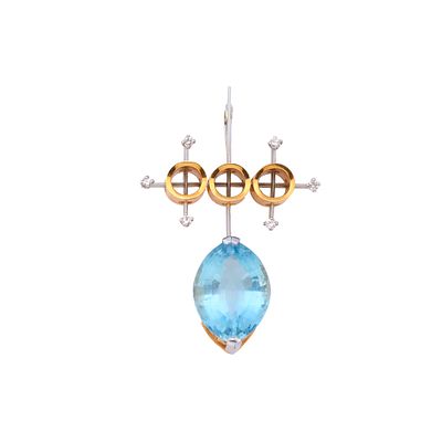 Aquamarine, diamond and gold pendantDesigned as a stylised cross motif, centering three 