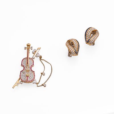 Group of gold, diamond and gem-set jewelryComprising a brooch modelled as a violin, the 