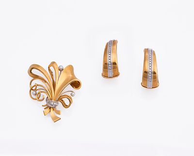 Pair of gold hoop earrings and stylised flower brooch with pearls and diamondsComprising a pair 