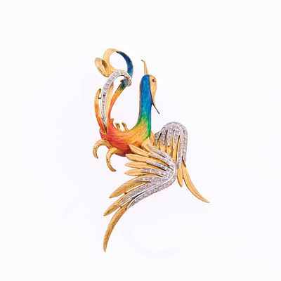 Enamel and gold bird brooch, circa 1970 Designed as a stylized yellow gold bird, with red eyes 