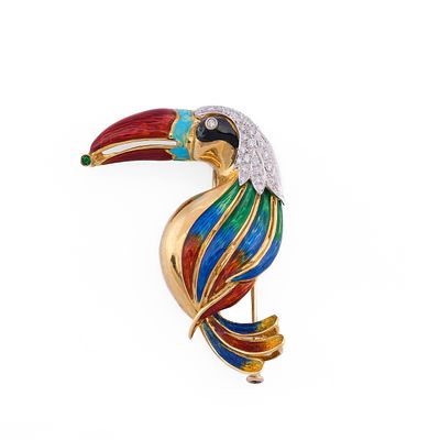 Gold, enamel and diamond toucan clip, ItalyDesigned as a stylized yellow gold and polychrome 