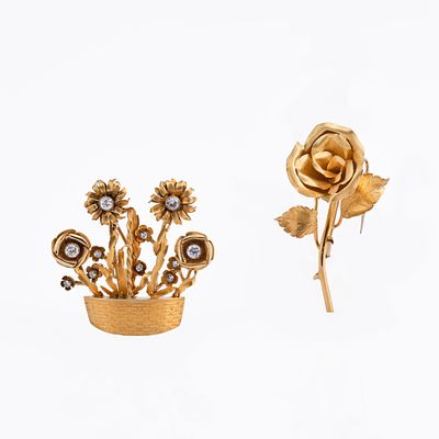 Two gold and gem-set floral broochesOne, designed as a woven basket, issuing a floral bouquet 