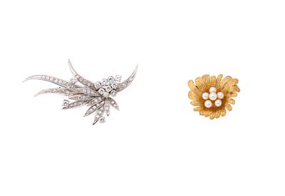 Two flower broochesComprising one brooch designed as a stylised floral spray with curved leaves 