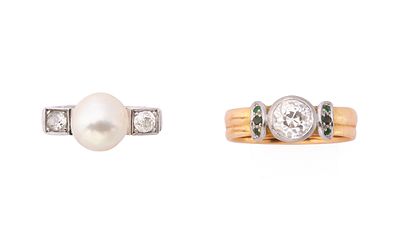 Two old-cut diamond ringsOne ring set with a pearl, measuring approximately 10 mm, between 