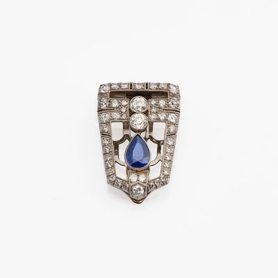 Art deco diamond and sapphire dress clip, circa 1920Of stepped cartouche form, set with two 
