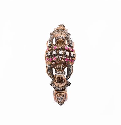 Retro ruby, diamond, gold and silver bangle, circa 1950Featuring a complex openwork design, the 