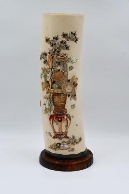 Ancient Japanese I-V-OR-Y statue, handmade carving and inlay of shibayama colored gems 