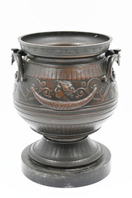 Bronze pitcher, France, 19th century, a bronze pitcher with a marble base, decorated with 