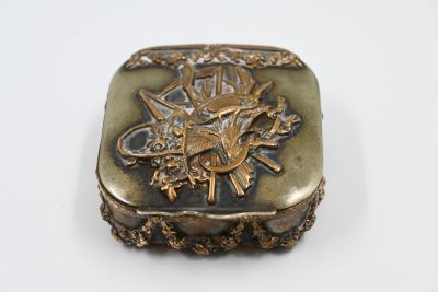 Antique gold-plated copper tobacco box, France, 19th century , decorated with reliefs 