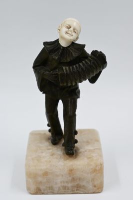 The Clown and the Accordion, Austria Art Deco, bronze statue with i-v-o-r-y interior, signed 