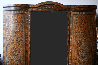 Damascus wardrobe, old wooden wardrobe inlaid with mother of pearl and different types of 