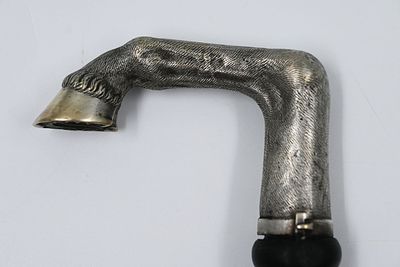 Victorian Turf Cane -Ca. 1860 -L-shaped horse leg and hoof silver plated handle, elaborate 