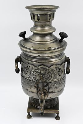 Old Turkmen samovar, early 20th century. Decorated with a perimeter of figurative scenes and 