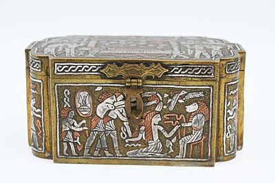 Damascene jewelry box, made of brass with silver and copper inlay, Damascene work 