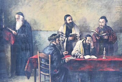 Large and impressive painting of five rabbis in the Talmud, oil on cardboard - Europe, circa 