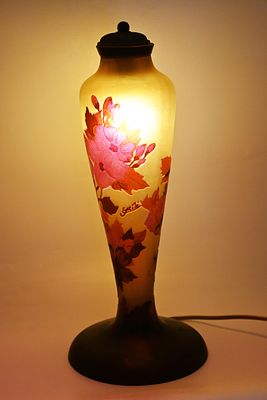 Galle. Table lamp, cameo glass, France, c. 1900. Coated with purple and blue three-layer 