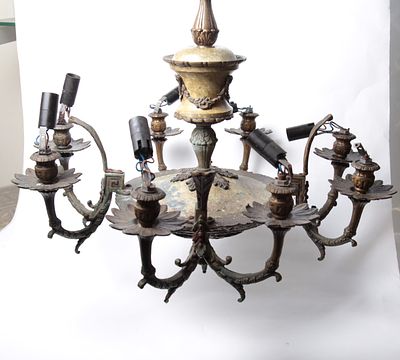 Hanging lamp made of bronze with Leicester marble, France, early 1920s, body and arms decorated 