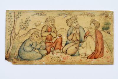 ציור יד מיניאטורי פרסי איכותית, המחצית השנייה של המאה ה-20, מעוטרת בצביעת יד איכותית בדמיות 