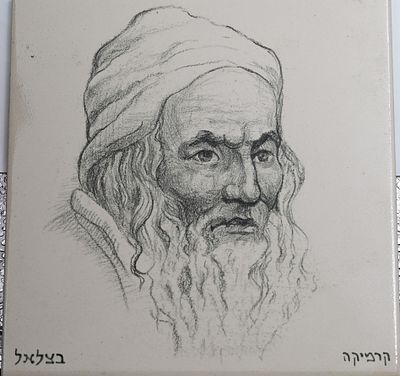אריח קרמיקה ישן עם ציור יד דיוקן יהודי תימני בסגנון בצלאל, נושא חתימה קרמיקה בצלאל, מצב טוב 