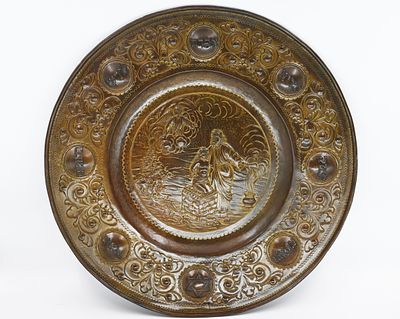 Jewish European copper plate, mid-19th century. Hand-decorated with a relief scene of the 