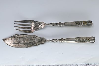 Fish knife and fork, "Shabbat Fish" 
Silver fish knife and fork, European Jew, 19th century 