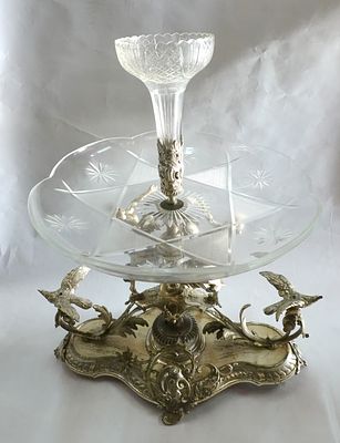 Large and impressive centerpiece, silver-plated, Europe, 19th century, decorated with relief 