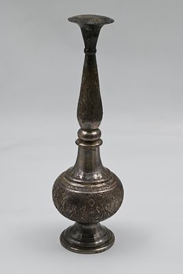 Persian silver rosewater dispenser, marked 84, decorated with delicate ballet work resembling 