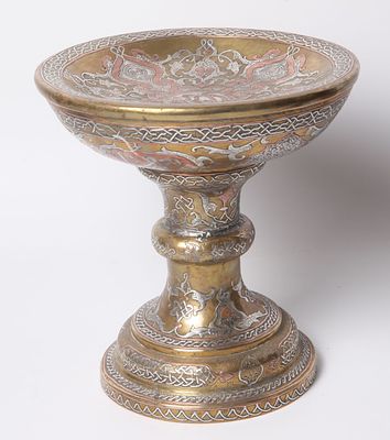 Standing serving vessel made of brass, beautiful Damascus work, 19th century, decorated with 