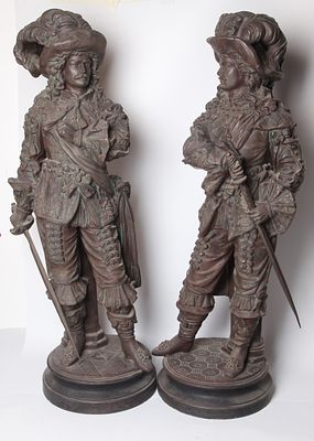 A pair of large terracotta statues in the form of soldiers, signed, 1878, France, height 74 cm. 