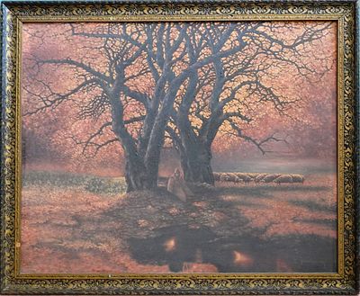 Painting. Handmade artisan. Hungary. Signed. The backdrop of two naked trees in the field 