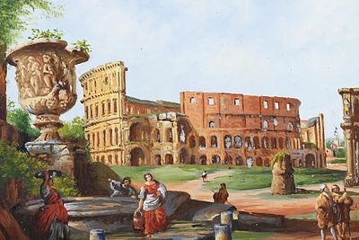 'רומא' - ציור אירופאי עתיק מהמאה ה-19, שמן על לוח נחושת, חתום, אמן לא מזוהה, מידות: 25.5X15.5 ס