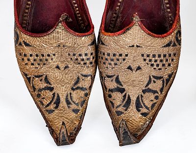 A Handcrafted Groom Babouche , Morocco, Early 20th Century 
Black painted leather hand stitched 