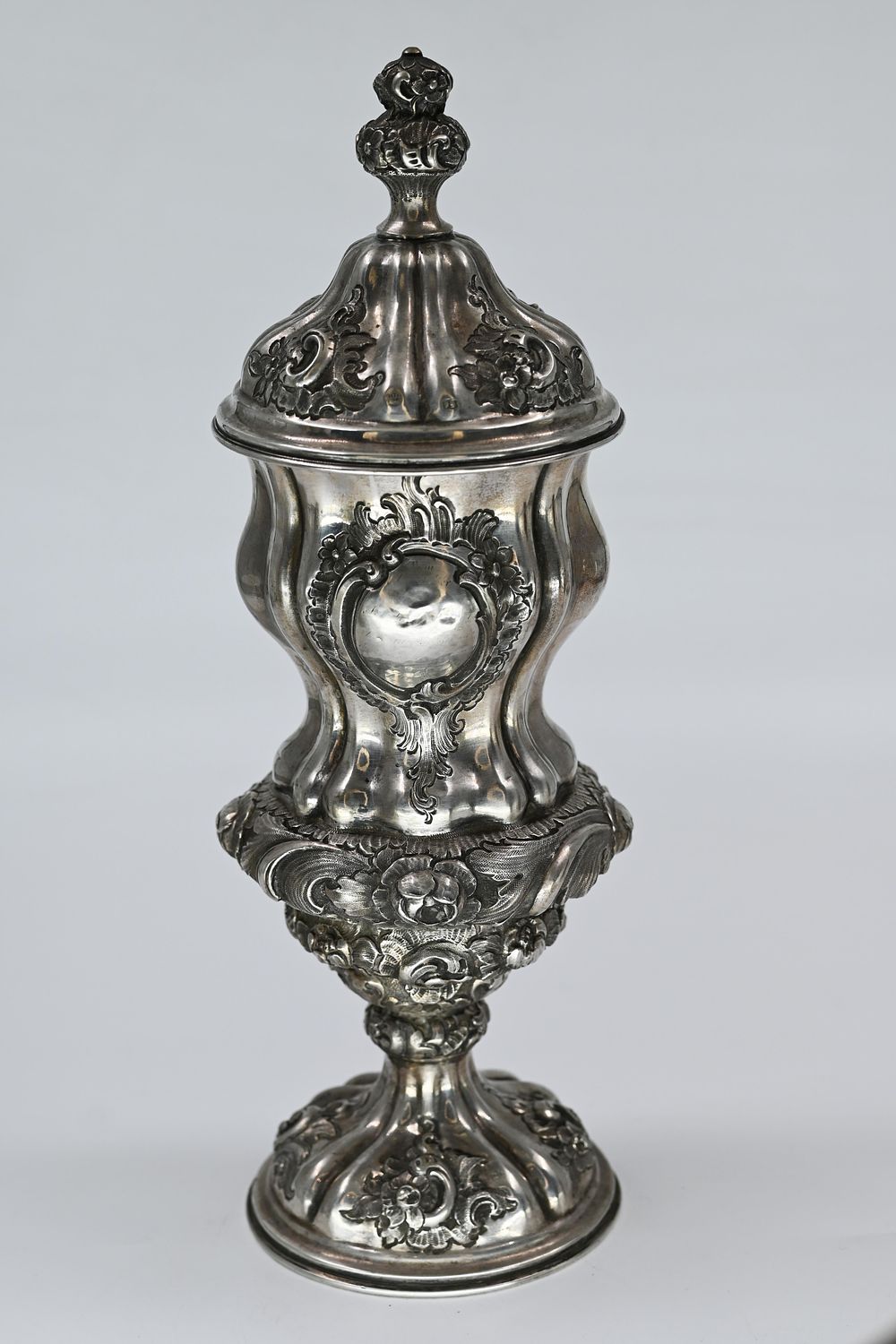 A large and impressive Austro-Hungarian silver goblet with lid, signed, circa 1861, decorated 