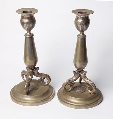 A pair of silver candlesticks. They weigh 674 grams. Europe, 19th century , signed, decorated 