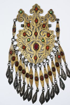 Large Turkmen silver jewelry Huge Turkmen silver jewelry, pendant in engraving and gilding 