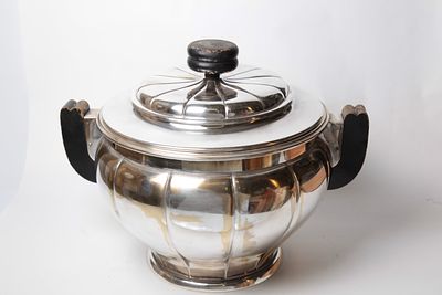 WMF Art Deco silver plated punch bowl, signed, black wooden lid and bowl handles, with matching 