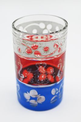 Antique Bohemian crystal cup of the 'Beaker Cup' type, multi-colored in Adam blue and white and 