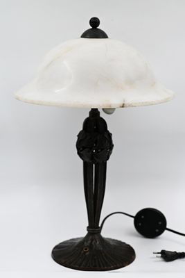 Arts &amp; Crafts Table Lamp 
C. 1920. Marble lampshade, on a sculpted iron base in a scroll 