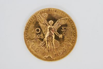 Gold coin with a value of 50 pesos, Mexico City - Mexico City 1947. 
Weight 41.678 grams 