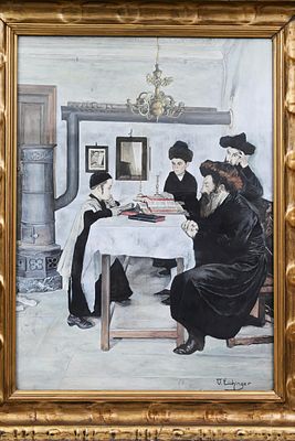 אוטו אייכינגר, OTTO EICHINGER (AUSTRIAN, 1922-2004) ציור יהודי, חתום, חסיד בוחן את בניו בלימוד 