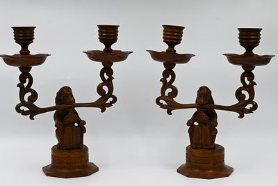 A pair of wooden candlesticks, Holland, 19th century. Decorated with the inscription "If I 
